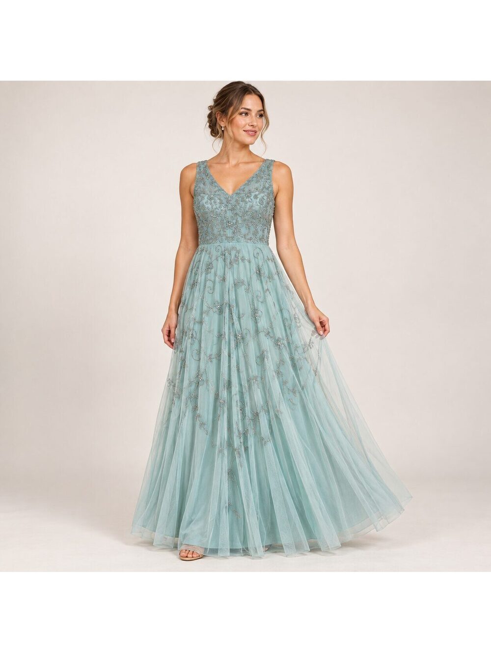 Pisarro Nights Size 10 Aqua Beaded Embroidered Tulle Maxi Formal Dress NWT